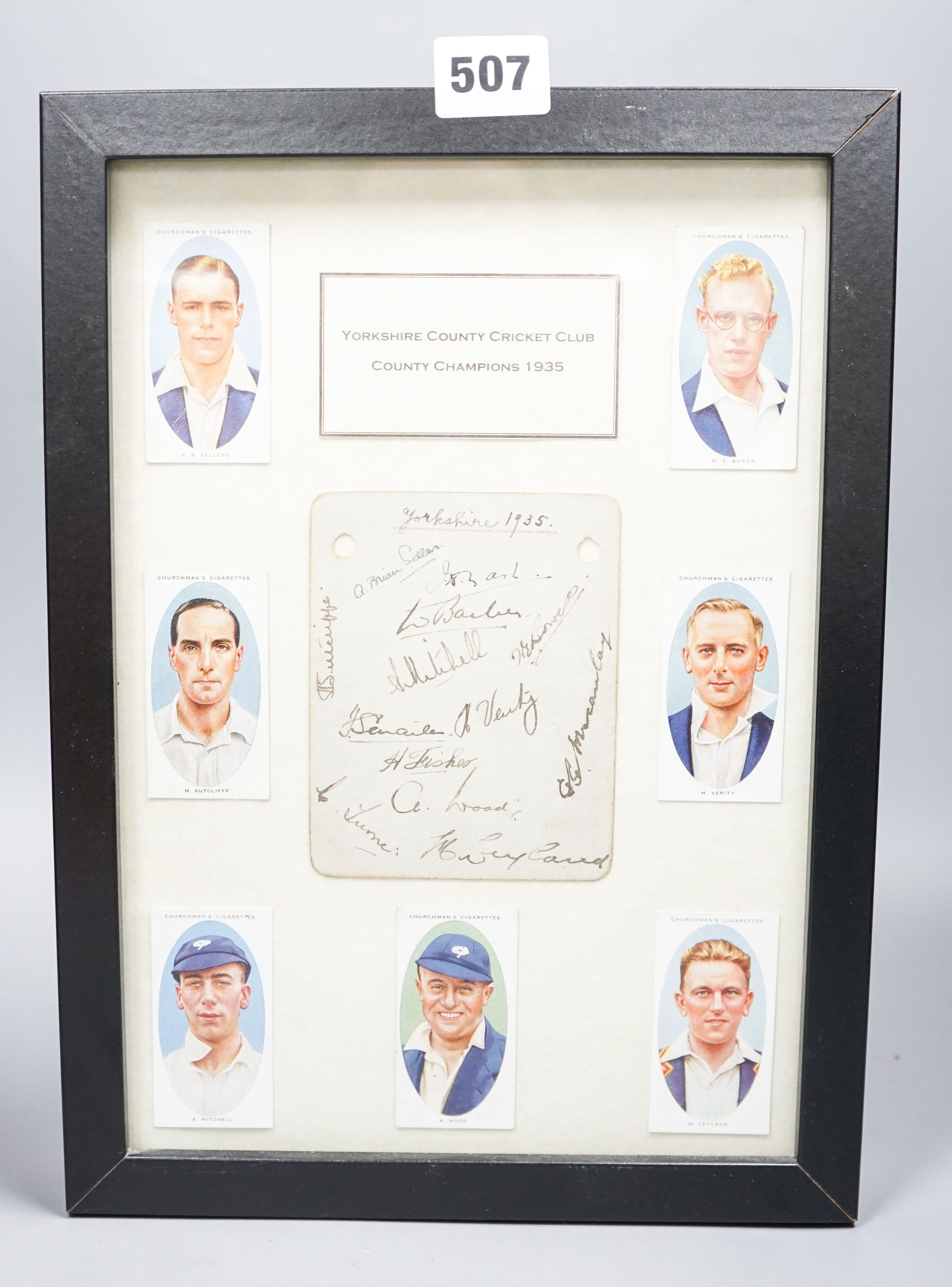 Yorkshire County Cricket team county champions 1935, set of players signatures on a card and cigarette card portraits